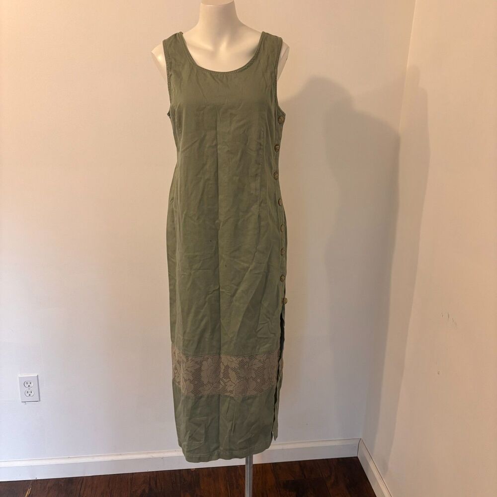 Vintage 90s Excitation size Medium Lace Panel Full Button Sage Green Maxi Dress